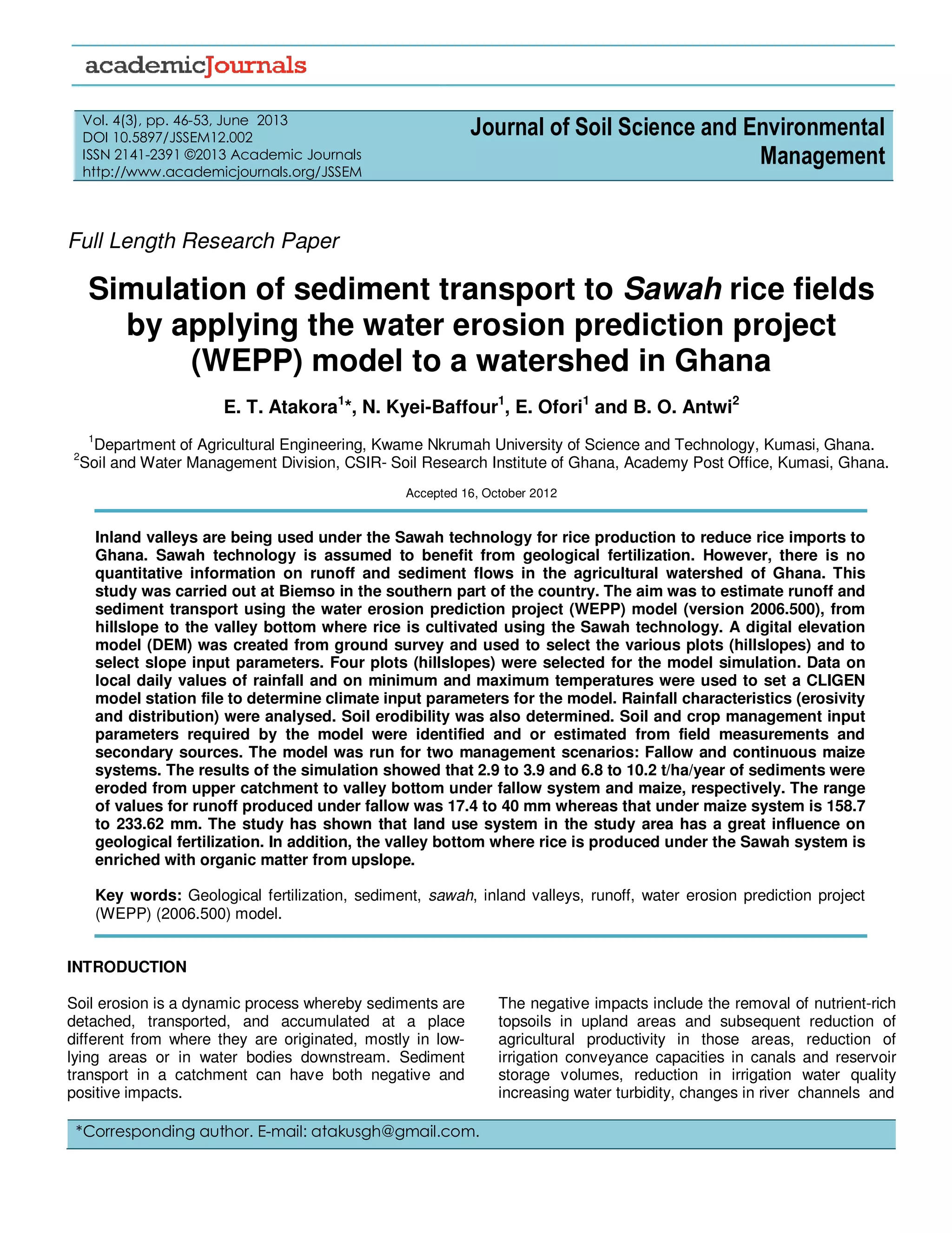 Simulation of sediment transport to Sawah rice fields by applying the