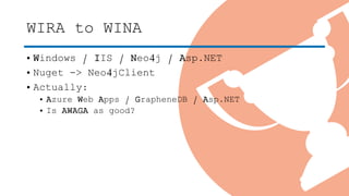 WIRA to WINA
• Windows / IIS / Neo4j / Asp.NET
• Nuget -> Neo4jClient
• Actually:
• Azure Web Apps / GrapheneDB / Asp.NET
• Is AWAGA as good?
 