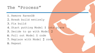 The “Process”
1. Remove RavenDB
2. Break build entirely
3. Fix build
4. Start putting Model 1 into place
5. Decide to go with Model 2
6. Pull out Model 1 code
7. Replace with Model 2 code
8. Repeat
 