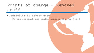 Points of change – Removed
stuff
• Controller DB Access code
• Ravens approach not really appropriate for Neo4j
 