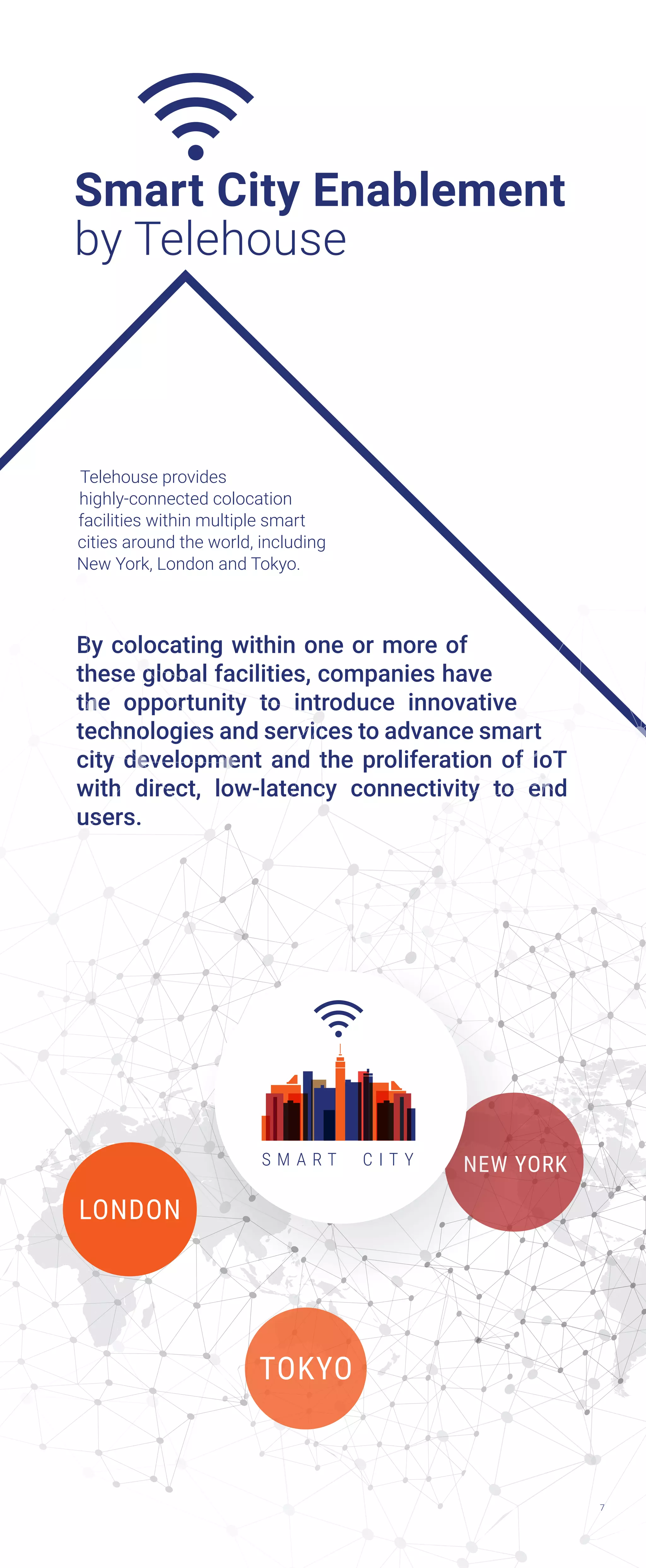 By colocating within one or more of
these global facilities, companies have
the opportunity to introduce innovative
technologies and services to advance smart
city development and the proliferation of IoT
with direct, low-latency connectivity to end
users.
TOKYO
NEW YORK
LONDON
S M A R T C I T Y
7
Smart City Enablement
by Telehouse
Telehouse provides
highly-connected colocation
facilities within multiple smart
cities around the world, including
New York, London and Tokyo.
 