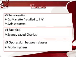#3 Reincarnation
Dr. Manette “recalled to life”
Sydney carton
#4 Sacrifice
Sydney saved Charles
#5 Oppression between classes
Feudal system
 