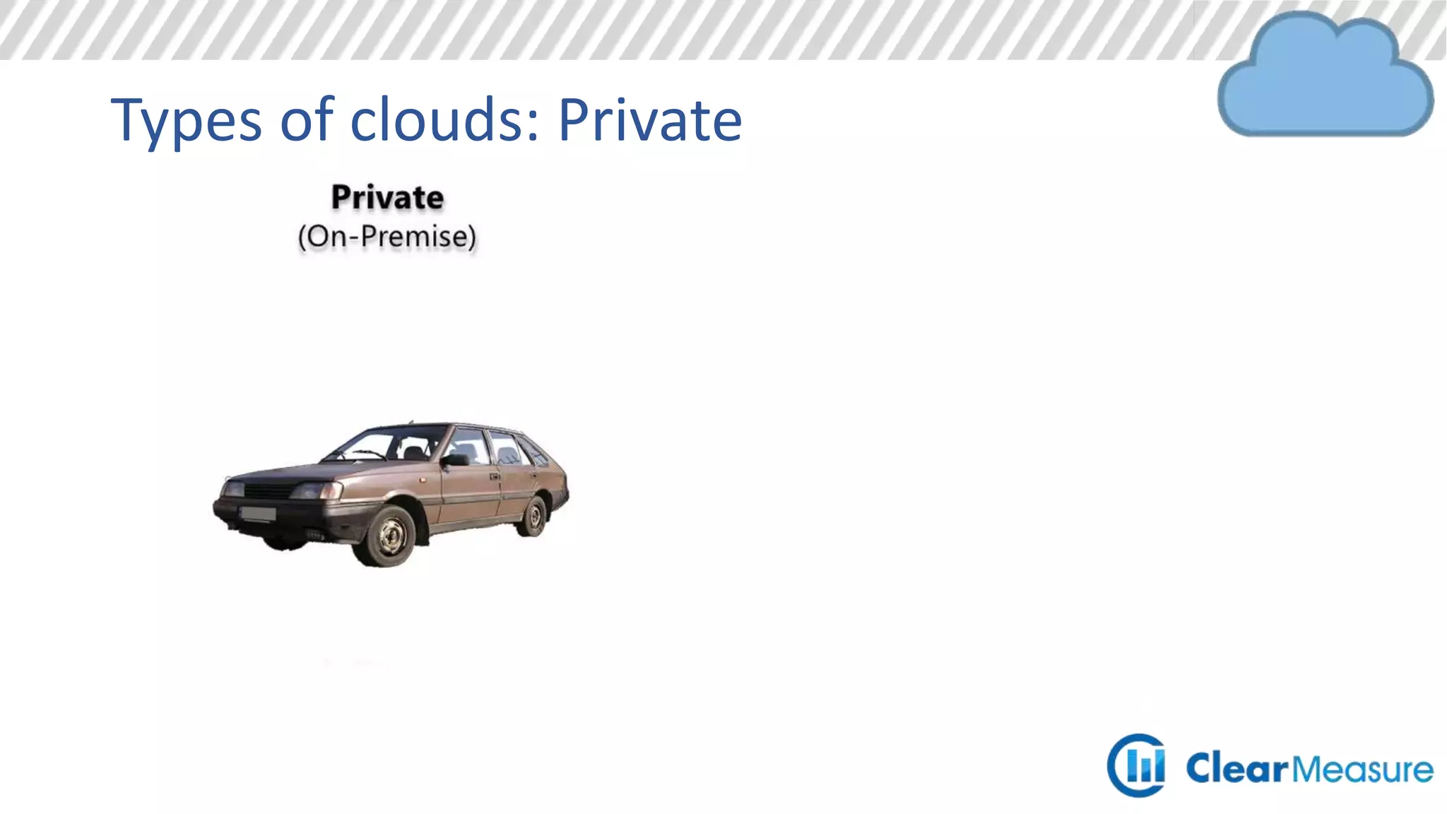 Types of clouds: Private
Think Local Data Center
 