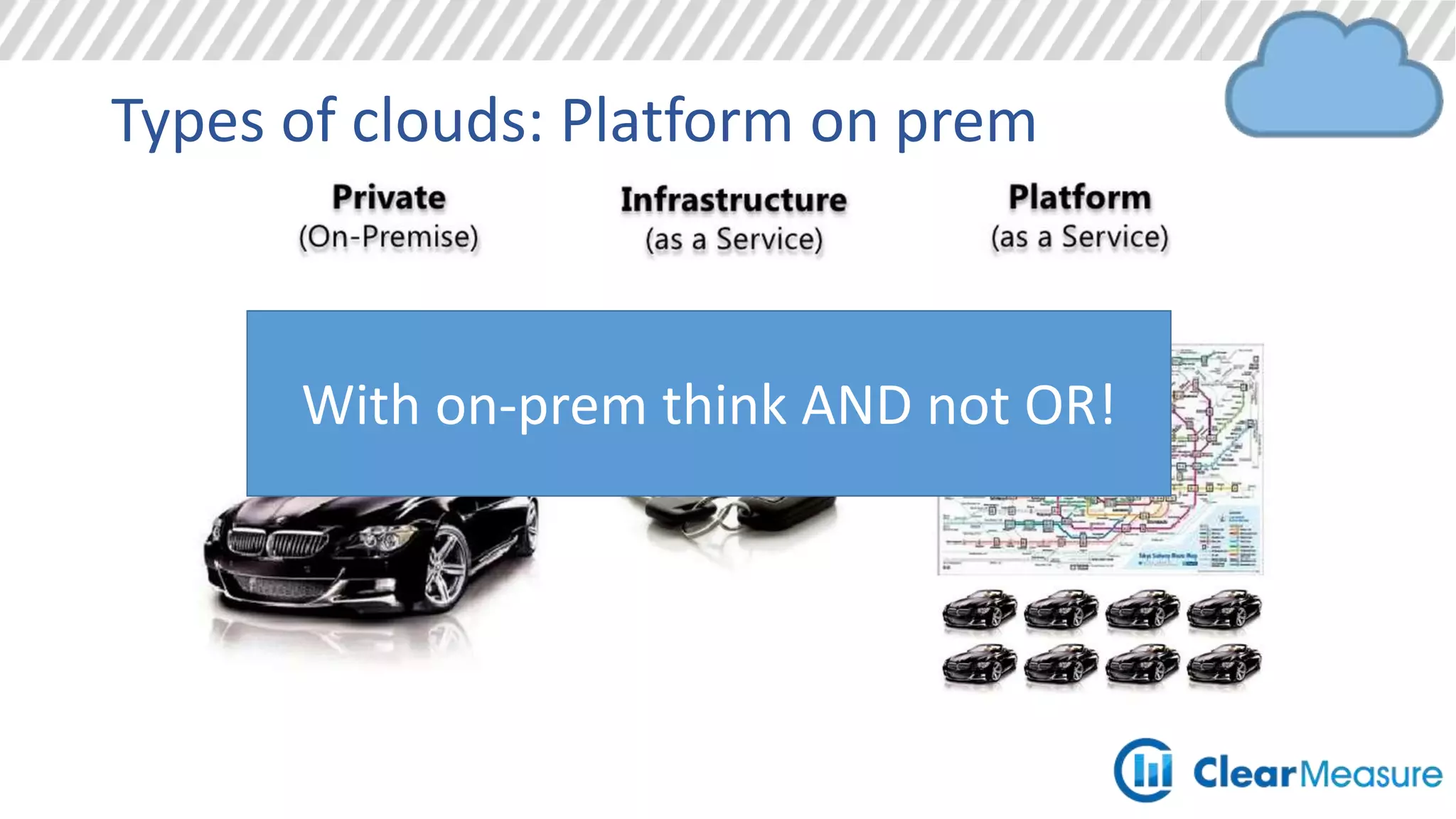 Types of clouds: Platform
Think Local Data Center Think Amazon (AWS) Think Azure
 