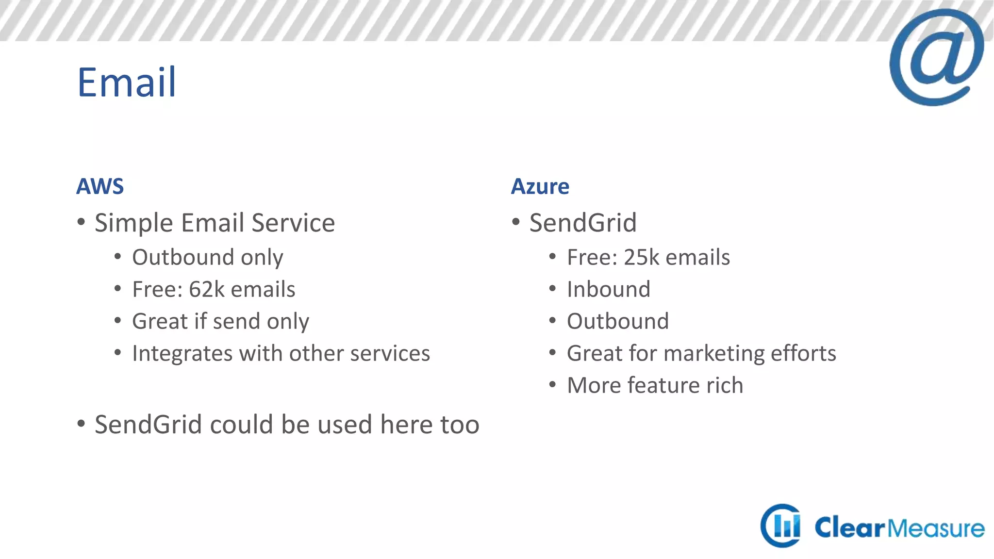 Messaging
Service Bus
• Need to coordinate work
• Publish subscribe
• Workflow/process/saga
 