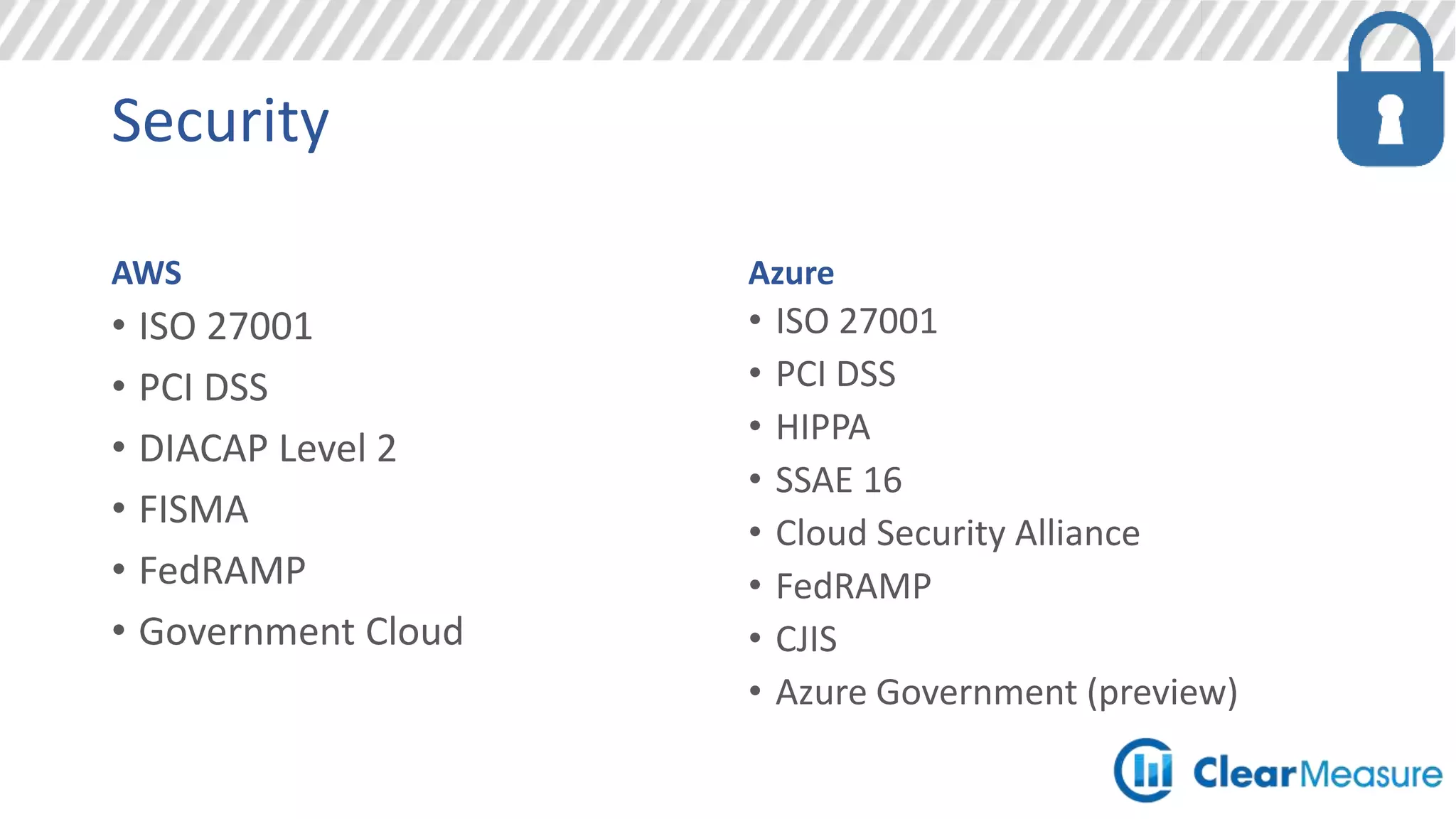 Cloud Infrastructure
AWS
• IP, Elastic IP, Elastic Load
Balancer
• Virtual Private Cloud
• Route 53 (DNS)
• Firewall
• Direct Connect (VPN)
Azure
• Virtual Network
• Traffic Manager
• Azure Load Balancer
• No real DNS management
• Firewall
• InfiniBand – 40Gbit RDMA
 