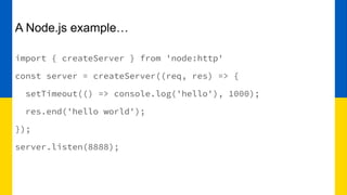 A Node.js example…
import { createServer } from 'node:http'
const server = createServer((req, res) => {
setTimeout(() => console.log('hello'), 1000);
res.end('hello world');
});
server.listen(8888);
 
