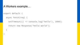 A Workers example…
export default {
async fetch(req) {
setTimeout(() => console.log('hello'), 1000);
return new Response('hello world');
}
}
 
