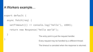 A Workers example…
export default {
async fetch(req) {
setTimeout(() => console.log('hello'), 1000);
return new Response('hello world');
}
}
The entry point is just the request handler.
Every request may be handled by a different thread.
The timeout is canceled when the response is returned.
 