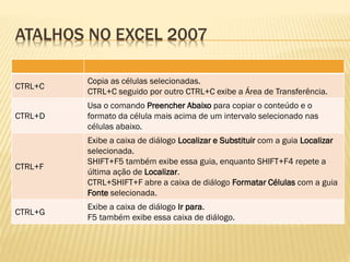 ATALHOS NO EXCEL 2007
CTRL+C
Copia as células selecionadas.
CTRL+C seguido por outro CTRL+C exibe a Área de Transferência.
CTRL+D
Usa o comando Preencher Abaixo para copiar o conteúdo e o
formato da célula mais acima de um intervalo selecionado nas
células abaixo.
CTRL+F
Exibe a caixa de diálogo Localizar e Substituir com a guia Localizar
selecionada.
SHIFT+F5 também exibe essa guia, enquanto SHIFT+F4 repete a
última ação de Localizar.
CTRL+SHIFT+F abre a caixa de diálogo Formatar Células com a guia
Fonte selecionada.
CTRL+G
Exibe a caixa de diálogo Ir para.
F5 também exibe essa caixa de diálogo.
 
