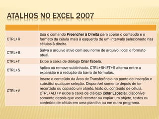 ATALHOS NO EXCEL 2007
CTRL+R
Usa o comando Preencher à Direita para copiar o conteúdo e o
formato da célula mais à esquerda de um intervalo selecionado nas
células à direita.
CTRL+B
Salva o arquivo ativo com seu nome de arquivo, local e formato
atual.
CTRL+T Exibe a caixa de diálogo Criar Tabela.
CTRL+S
Aplica ou remove sublinhado. CTRL+SHIFT+S alterna entre a
expansão e a redução da barra de fórmulas.
CTRL+V
Insere o conteúdo da Área de Transferência no ponto de inserção e
substitui qualquer seleção. Disponível somente depois de ter
recortado ou copiado um objeto, texto ou conteúdo de célula.
CTRL+ALT+V exibe a caixa de diálogo Colar Especial, disponível
somente depois que você recortar ou copiar um objeto, textos ou
conteúdo de célula em uma planilha ou em outro programa.
 