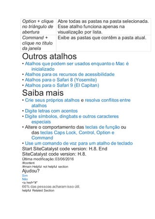Option + clique
no triângulo de
abertura
Abre todas as pastas na pasta selecionada.
Esse atalho funciona apenas na
visualização por lista.
Command +
clique no título
da janela
Exibe as pastas que contêm a pasta atual.
Outros atalhos
• Atalhos que podem ser usados enquanto o Mac é
inicializado
• Atalhos para os recursos de acessibilidade
• Atalhos para o Safari 8 (Yosemite)
• Atalhos para o Safari 9 (El Capitan)
Saiba mais
• Crie seus próprios atalhos e resolva conflitos entre
atalhos
• Digite letras com acentos
• Digite símbolos, dingbats e outros caracteres
especiais
• Altere o comportamento das teclas de função ou
das teclas Caps Lock, Control, Option e
Command
• Use um comando de voz para um atalho de teclado
Start SiteCatalyst code version: H.8. End
SiteCatalyst code version: H.8.
Última modificação:03/06/2016
/#content
/#main Helpful not helpful section
Ajudou?
Sim
Não
<a href="#"
66% das pessoas acharam isso útil.
helpful Related Section
 