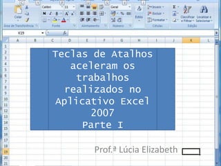 Teclas de Atalhos aceleram os trabalhos realizados no Aplicativo Excel 2007 Parte I Prof.ª Lúcia Elizabeth 