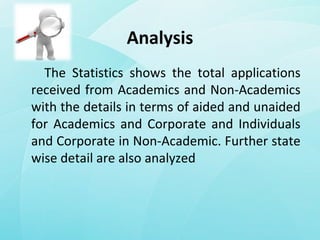 Analysis
The Statistics shows the total applications
received from Academics and Non-Academics
with the details in terms of aided and unaided
for Academics and Corporate and Individuals
and Corporate in Non-Academic. Further state
wise detail are also analyzed
 