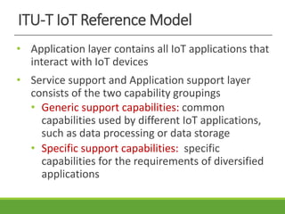 ITU-T IoT Reference Model
• Application layer contains all IoT applications that
interact with IoT devices
• Service support and Application support layer
consists of the two capability groupings
• Generic support capabilities: common
capabilities used by different IoT applications,
such as data processing or data storage
• Specific support capabilities: specific
capabilities for the requirements of diversified
applications
 