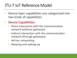 ITU-T IoT Reference Model
• Device layer capabilities are categorized into
two kinds of capabilities
• Device Capabilities:
• Direct interaction with the communication
network (without gateways)
• Indirect interaction with the communication
network (through gateways)
• Ad-hoc networking
• Sleeping and waking-up
 