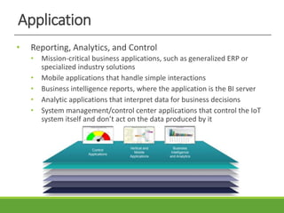 Application
• Reporting, Analytics, and Control
• Mission-critical business applications, such as generalized ERP or
specialized industry solutions
• Mobile applications that handle simple interactions
• Business intelligence reports, where the application is the BI server
• Analytic applications that interpret data for business decisions
• System management/control center applications that control the IoT
system itself and don’t act on the data produced by it
 