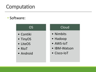 Computation
OS
• Contiki
• TinyOS
• LiteOS
• RIoT
• Android
Cloud
• Nimbits
• Hadoop
• AWS-IoT
• IBM-Watson
• Cisco-IoT
• Software:
 