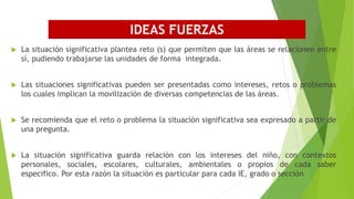 IDEAS FUERZAS
 La situación significativa plantea reto (s) que permiten que las áreas se relacionen entre
sí, pudiendo trabajarse las unidades de forma integrada.
 Las situaciones significativas pueden ser presentadas como intereses, retos o problemas
los cuales implican la movilización de diversas competencias de las áreas.
 Se recomienda que el reto o problema la situación significativa sea expresado a partir de
una pregunta.
 La situación significativa guarda relación con los intereses del niño, con contextos
personales, sociales, escolares, culturales, ambientales o propios de cada saber
especifico. Por esta razón la situación es particular para cada IE, grado o sección
 