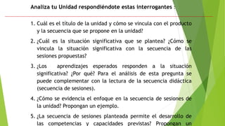 Analiza tu Unidad respondiéndote estas interrogantes :
1. Cuál es el título de la unidad y cómo se vincula con el producto
y la secuencia que se propone en la unidad?
2. ¿Cuál es la situación significativa que se plantea? ¿Cómo se
vincula la situación significativa con la secuencia de las
sesiones propuestas?
3. ¿Los aprendizajes esperados responden a la situación
significativa? ¿Por qué? Para el análisis de esta pregunta se
puede complementar con la lectura de la secuencia didáctica
(secuencia de sesiones).
4. ¿Cómo se evidencia el enfoque en la secuencia de sesiones de
la unidad? Propongan un ejemplo.
5. ¿La secuencia de sesiones planteada permite el desarrollo de
las competencias y capacidades previstas? Propongan un
 