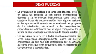 • La evaluación se aborda a lo largo del proceso, esto es,
en todas las sesiones se van dando orientaciones al
docente o se le ofrecen instrumentos como listas de
cotejo o fichas de autoevaluación. Hay algunas sesiones
en las que específicamente se va evaluando el progreso
de los estudiantes, de acuerdo a las competencias,
capacidades e indicadores que se vayan trabajando. En la
última sesión se aborda la evaluación de toda la unidad.
• Los recursos, se refieren a todos aquellos materiales que
serán empleados pedagógicamente, entre los que se
encuentran los que han sido distribuidos por el MINEDU,
así como otros que sean requeridos para el desarrollo de
competencias y capacidades.
IDEAS FUERZAS
 