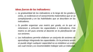 Ideas fuerza de los indicadores:
o La gradualidad de los indicadores a lo largo de los grados y
ciclos, se evidencia en el conocimiento matemático que se va
complejizando y en las habilidades que se describen en los
indicadores.
o Es posible organizar una matriz por grado, en la que se
relacionen o articulen las capacidades e indicadores. Esta
matriz es útil pues orienta al docente en la planificación de
sus sesiones.
o Los indicadores permite elaborar un conjunto de sesiones de
aprendizaje integrando las capacidades. En la primera sesión
se puede elegir cualquier capacidad no se establece un orden
con cual iniciar y es recomendable trabajar solo un indicador.
 