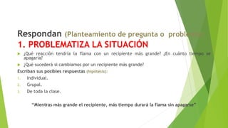 Respondan (Planteamiento de pregunta o problema):
1. PROBLEMATIZA LA SITUACIÓN
 ¿Qué reacción tendría la flama con un recipiente más grande? ¿En cuánto tiempo se
apagaría?
 ¿Qué sucederá si cambiamos por un recipiente más grande?
Escriban sus posibles respuestas (hipótesis):
1. Individual.
2. Grupal.
3. De toda la clase.
“Mientras más grande el recipiente, más tiempo durará la flama sin apagarse”
 