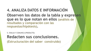 4. ANALIZA DATOS E INFORMACIÓN
Observen los datos de la tabla y expresen
que es lo que notan en ellos (análisis de
resultados y comparación con las
respuestas/hipótesis).
5. EVALUA Y COMUNICA (PRODUCTO)
Redacten sus conclusiones.
(Estructuración del saber construido)
 