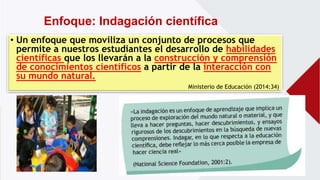 Enfoque: Indagación científica
• Un enfoque que moviliza un conjunto de procesos que
permite a nuestros estudiantes el desarrollo de habilidades
científicas que los llevarán a la construcción y comprensión
de conocimientos científicos a partir de la interacción con
su mundo natural.
Ministerio de Educación (2014:34)
 