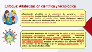 Enfoque: Alfabetización científica y tecnológica
Alfabetización tecnológica es la capacidad de operar y hacer funcionar
dispositivos tecnológicos diversos, de desarrollar actividades
tecnológicas en forma eficiente y adecuada. Asimismo, de deducir y
sintetizar informaciones en nuevas visiones, de realizar juicios sobre su
uso y tomar decisiones basadas en información que permitan anticipar
los impactos de la tecnología y poder participar asertivamente en el
entorno de manera fundamentada.
Alfabetización científica es la capacidad de apropiarse y usar
conocimientos, fuentes fiables de información, destrezas procedimientos y
valores, para explicar el mundo físico, tomar decisiones, resolver
situaciones y reconocer las limitaciones y los beneficios de la ciencia y la
tecnología para mejorar la calidad de vida.
 