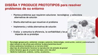 DISEÑA Y PRODUCE PROTOTIPOS para resolver
problemas de su entorno
• Plantea problemas que requieren soluciones tecnológicas y selecciona
alternativas de solución
• Diseña alternativas que resuelvan el problema.
• Implementa y valida alternativas de solución
• Evalúa y comunica la eficiencia, la confiabilidad y los posibles
impactos de su prototipo
• Tecnología agropecuaria, ambiental, energía y potencia, biotecnología, construcción, control y automatización
• ¿Qué método es más eficaz para eliminar la placa bacteriana bucal?
• ¿Cómo sembramos hortalizas en un terreno árido?
• ¿Qué tipo de alimentación favorece la reproducción de animales de granja?
• ¿Cómo llevamos agua de un punto más bajo a otro más alto?
• Medicina tradicional, andenes, cochas, acueductos,..
 