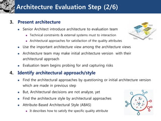 Architecture Evaluation Step (2/6)
3. Present architecture
 Senior Architect introduce architecture to evaluation team
 Technical constraints & external systems must to interaction
 Architectural approaches for satisfaction of the quality attributes
 Use the important architecture view among the architecture views
 Architecture team may make initial architecture version with their
architectural approach
 Evaluation team begins probing for and capturing risks
4. Identify architectural approach/style
 Find the architectural approaches by questioning or initial architecture version
which are made in previous step
 But, Architectural decisions are not analyze, yet
 Find the architecture style by architectural approaches
 Attribute-Based Architectural Style (ABAS)
 It describes how to satisfy the specific quality attribute
 