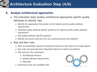 Architecture Evaluation Step (4/6)
6. Analyze architectural approaches
 The evaluation team probes architectural approaches specific quality
attributes to identify risks
 Identify the approaches that pertain to the highest priority quality attribute
requirements
 Generate quality attribute specific questions for highest priority quality attribute
requirement
 Ask quality attribute specific questions
 Identify and record risks and non-risk, sensitivity points and tradeoffs
 Risk and Non-risks
 Risks are potentially important architectural decisions that need to be made explicit
 Non-risks are good decisions frequently relying on implicit assumptions
 Risk and non-risk constituents
 Architectural decision
 Quality attribute requirements
 Rationale
 Sensitivity points are candidate risks
 