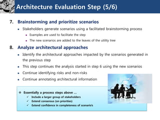 Architecture Evaluation Step (5/6)
7. Brainstorming and prioritize scenarios
 Stakeholders generate scenarios using a facilitated brainstorming process
 Examples are used to facilitate the step
 The new scenarios are added to the leaves of the utility tree
8. Analyze architectural approaches
 Identify the architectural approaches impacted by the scenarios generated in
the previous step
 This step continues the analysis started in step 6 using the new scenarios
 Continue identifying risks and non-risks
 Continue annotating architectural information
 Essentially a process steps above …
 Include a larger group of stakeholders
 Extend consensus (on priorities)
 Extend confidence in completeness of scenario’s
 