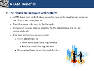 ATAM Benefits
 The results are improved architectures
 ATAM „buys‟ time to think about an architecture while development processes
are often under time-pressure
 Identification of risks early in the life-cycle
 Focuses on features that are essential for the stakeholders and not on
technical details
 Improved architecture documentation
 Forces stakeholder to
 Think about qualitative requirements
 Prioritize qualitative requirements
 Documented basis for architectural decisions
 