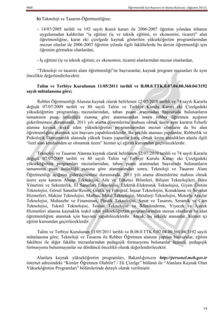 MEB                                                      Öğretmenlik İçin Başvuru ve Atama Kılavuzu (Ağustos 2011)


      b) Teknoloji ve Tasarım Öğretmenliğine;

      - 14/07/2005 tarihli ve 192 sayılı Kurul kararı ile 2006-2007 öğretim yılından itibaren
       uygulamadan kaldırılan “iş eğitimi (iş ve teknik eğitimi, ev ekonomisi, ticaret)” alan
       öğretmenliğine, karar eki çizelgede kaynak gösterilen yükseköğretim programlarından
       mezun olanlar ile 2006-2007 öğretim yılında ilgili fakültelerde bu dersin öğretmenliği için
       öğrenim görmekte olanlardan,

      - İş eğitimi (iş ve teknik eğitimi, ev ekonomisi, ticaret) alanlarından mezun olanlardan,

      “Teknoloji ve tasarım alanı öğretmenliği”ne başvuranlar, kaynak program mezunları ile aynı
öncelikte değerlendirilecektir.

      Talim ve Terbiye Kurulunun 11/05/2011 tarihli ve B.08.0.TTK.0.07.04.00.360.04/3192
sayılı mütalaasına göre;

      Rehber Öğretmenliği Alanına kaynak olarak belirlenen 12/07/2010 tarihli ve 74 sayılı Kararla
değişik 07/07/2009 tarihli ve 80 sayılı Talim ve Terbiye Kurulu Kararı eki Çizelgedeki
yükseköğretim programları mezunlarından, taban puanı aranmadan başvuruda bulunanların
tamamının puan üstünlüğü esasına göre atanmasından sonra rehber öğretmen açığının
giderilmemesi durumunda, 2011 yılı atama dönemlerine mahsus olmak üzere aynı kararın Felsefe
alanına kaynak teşkil eden yükseköğretim programlarından mezun olanların da bu alan
öğretmenliğine atanmak için başvuru yapabileceklerdir. Bu şekilde ataması yapılanlar, Rehberlik ve
Psikolojik Danışmanlık alanında yüksek lisans yapanlar hariç olmak üzere atandıkları alanla ilgili
“özel alan kredisinden az olmamak üzere” hizmet içi eğitim kursundan geçirileceklerdir.

      Teknoloji ve Tasarım Alanına kaynak olarak belirlenen 12/07/2010 tarihli ve 74 sayılı Kararla
değişik 07/07/2009 tarihli ve 80 sayılı Talim ve Terbiye Kurulu Kararı eki Çizelgedeki
yükseköğretim programları mezunlarından, taban puanı aranmadan başvuruda bulunanların
tamamının puan üstünlüğü esasına göre atanmasından sonra, Teknoloji ve Tasarım Alanı
Öğretmenliği açığının giderilememesi durumunda, 2011 yılı atama dönemlerine mahsus olmak
üzere aynı kararın Ahşap Teknolojisi, Aile ve Tüketici Bilimleri, Bilişim Teknolojileri, Büro
Yönetimi ve Sekreterlik, El Sanatları Teknolojisi, Elektrik-Elektronik Teknolojisi, Giyim Üretim
Teknolojisi, Görsel Sanatlar/Resim, Grafik ve Fotoğraf, İnşaat Teknolojisi, Konaklama ve Seyahat
Hizmetleri, Makine Teknolojisi, Matbaa, Metal Teknolojisi, Metalurji Teknolojisi, Motorlu Araçlar
Teknolojisi, Muhasebe ve Finansman, Plastik Teknolojisi, Sanat ve Tasarım, Seramik ve Cam
Teknolojisi, Tekstil Teknolojisi, Tesisat Teknolojisi ve İklimlendirme, Yiyecek ve İçecek
Hizmetleri alanına kaynaklık teşkil eden yükseköğretim programlarından mezun olanların bu alan
öğretmenliğine atanmak için başvuru yapabileceklerdir. Ancak, bu şekilde atananlar, hizmet içi
eğitim kursundan geçirileceklerdir.

      Talim ve Terbiye Kurulunun 11/05/2011 tarihli ve B.08.0.TTK.0.07.04.00.360.04/3192 sayılı
mütalaasına göre; Teknoloji ve Tasarım ile Rehber Öğretmen alanına yapılan başvurular, eğitim
fakültesi ile diğer fakülte mezunlarından pedagojik formasyonu bulunanlar üçüncü, pedagojik
formasyonu bulunmayanlar ise dördüncü öncelikli olarak değerlendirilecektir.

      Alanlara kaynak yükseköğretim programları, Bakanlığımızın http://personel.meb.gov.tr
internet adresindeki “Kimler Öğretmen Olabilir? / Ek Çizelge” bölümü ile “Alanlara Kaynak Olan
Yükseköğretim Programları” bölümlerinde detaylı olarak verilmiştir.




                                                                                                               14
 