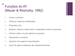 +
Funções do AT
(Mauer & Resnizky, 1982)
1. Conter o paciente.
2. Oferecer modelo de identificação.
3. Emprestar o Eu.
4. Detectar, reforçar e desenvolver a capacidade criativa do paciente.
5. Informar sobre o mundo objetivo do paciente.
6. Representar o paciente.
7. Atualizar como agente ressocializador.
8. Servir de agente catalisador das relações familiares.
 