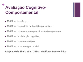 +
Avaliação Cognitivo-
Comportamental
 Metáfora do reforço;
 Metáfora dos déficits de habilidades sociais;
 Metáfora do desamparo aprendido ou desesperança;
 Metáfora da distorção cognitiva;
 Metáfora do auto-manejo e
 Metáfora da modelagem social.
Adaptado de Sharp et al. (1999): Metáforas frente clínica
 