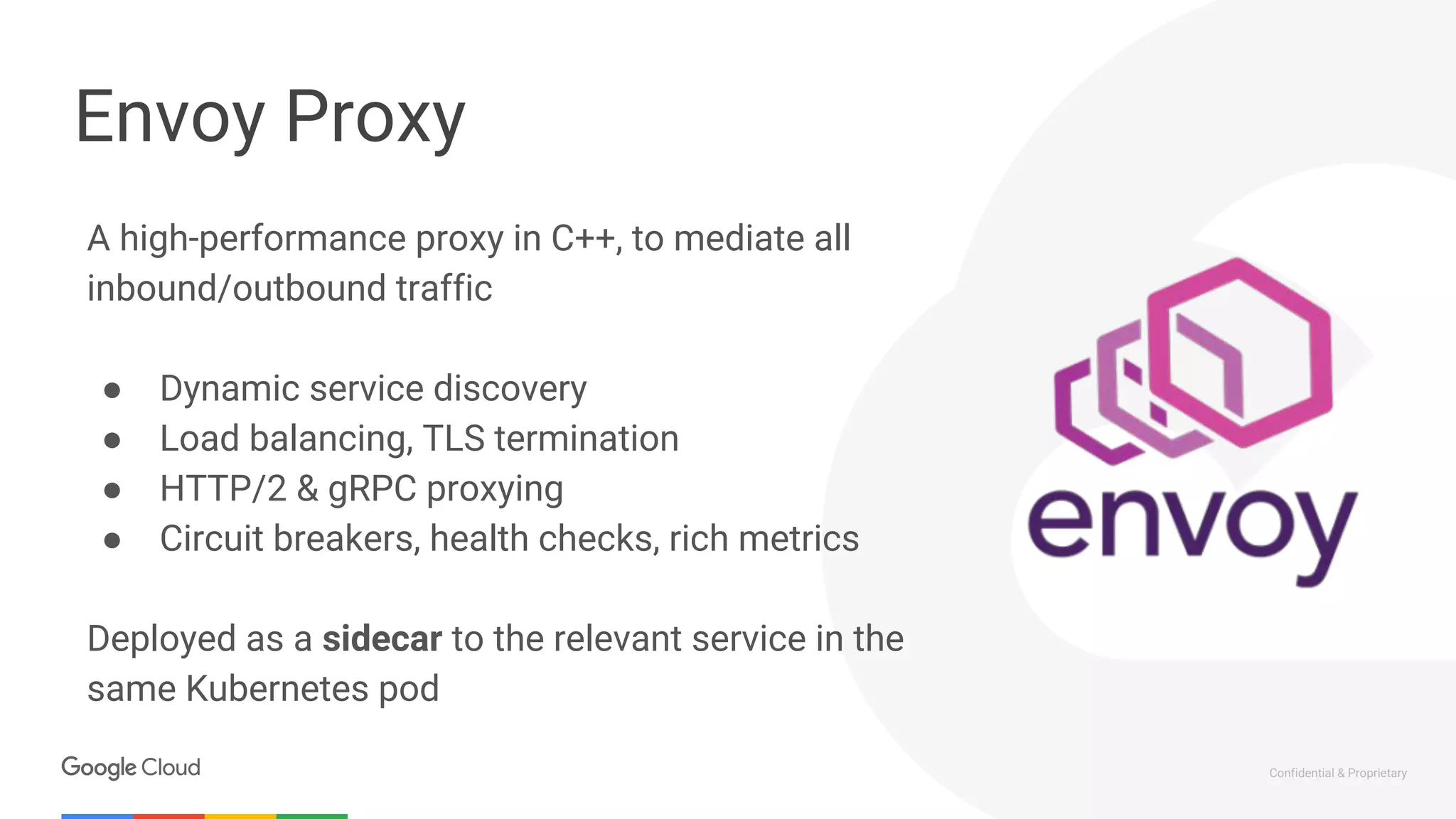 Confidential & Proprietary
Envoy Proxy
A high-performance proxy in C++, to mediate all
inbound/outbound traffic
● Dynamic service discovery
● Load balancing, TLS termination
● HTTP/2 & gRPC proxying
● Circuit breakers, health checks, rich metrics
Deployed as a sidecar to the relevant service in the
same Kubernetes pod
 