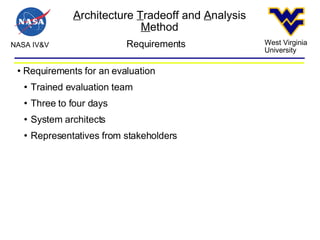 A rchitecture  T radeoff and  A nalysis  M ethod NASA IV&V West Virginia University Requirements Requirements for an evaluation Trained evaluation team Three to four days  System architects Representatives from stakeholders 