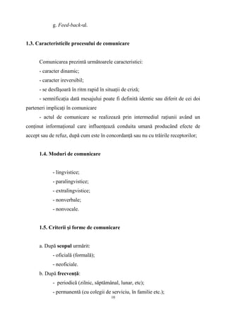 g. Feed-back-ul.
1.3. Caracteristicile procesului de comunicare
Comunicarea prezintă următoarele caracteristici:
- caracter dinamic;
- caracter ireversibil;
- se desfăşoară în ritm rapid în situaţii de criză;
- semnificaţia dată mesajului poate fi definită identic sau diferit de cei doi
parteneri implicaţi în comunicare
- actul de comunicare se realizează prin intermediul raţiunii având un
conţinut informaţional care influenţează conduita umană producând efecte de
accept sau de refuz, după cum este în concordanţă sau nu cu trăirile receptorilor;
1.4. Moduri de comunicare
- lingvistice;
- paralingvistice;
- extralingvistice;
- nonverbale;
- nonvocale.
1.5. Criterii şi forme de comunicare
a. După scopul urmărit:
- oficială (formală);
- neoficiale.
b. După frecvenţă:
- periodică (zilnic, săptămânal, lunar, etc);
- permanentă (cu colegii de serviciu, în familie etc.);
10
 