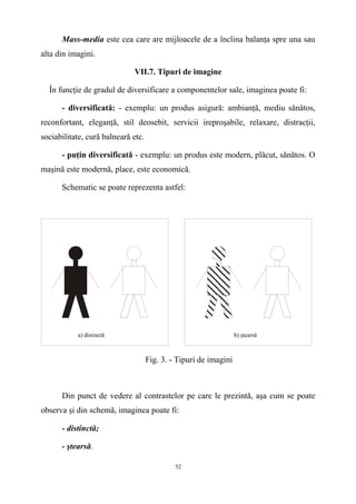 Mass-media este cea care are mijloacele de a înclina balanţa spre una sau
alta din imagini.
VII.7. Tipuri de imagine
În funcţie de gradul de diversificare a componentelor sale, imaginea poate fi:
- diversificată: - exemplu: un produs asigură: ambianţă, mediu sănătos,
reconfortant, eleganţă, stil deosebit, servicii ireproşabile, relaxare, distracţii,
sociabilitate, cură balneară etc.
- puţin diversificată - exemplu: un produs este modern, plăcut, sănătos. O
maşină este modernă, place, este economică.
Schematic se poate reprezenta astfel:
Fig. 3. - Tipuri de imagini
Din punct de vedere al contrastelor pe care le prezintă, aşa cum se poate
observa şi din schemă, imaginea poate fi:
- distinctă;
- ştearsă.
52
b) ştearsăa) distinctă
 