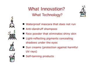 What Innovation?
What Technology?
Waterproof mascara that does not run
Anti-dandruff shampoos
Face powder that eliminates shiny skin
Light-reflecting pigments concealing
shadows under the eyes
Sun creams (protection against harmful
UV rays)
Self-tanning products
 