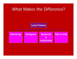 What Makes the Difference?
Lexical FeaturesLexical Features
Borrowings Neologisms Buzzwords
&
catchphrases
Role of verbs
catchphrases
 