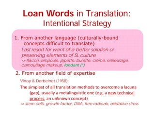 Loan Words in Translation:
Intentional StrategyIntentional Strategy
1 From another language (culturally bound1. From another language (culturally-bound
concepts difficult to translate)
Last resort for want of a better solution or
preserving elements of SL culture
-> flacon, ampoule, pipette, burette, crème, enfleurage,
camouflage makeup, fondant (*)
2. From another field of expertise
Vinay & Darbelnet (1958):y ( )
The simplest of all translation methods to overcome a lacuna 
(gap), usually a metalinguistic one (e.g. a new technical 
process an unknown concept)process, an unknown concept)
-> stem cells, growth factor, DNA, free radicals, oxidative stress
 