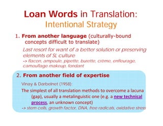 Loan Words in Translation:
Intentional StrategyIntentional Strategy
1. From another language (culturally-bound
concepts difficult to translate)
Last resort for want of a better solution or preserving
elements of SL cultureelements of SL culture
-> flacon, ampoule, pipette, burette, crème, enfleurage,
camouflage makeup, fondant
2. From another field of expertise
Vinay & Darbelnet (1958):
The simplest of all translation methods to overcome a lacuna 
(gap), usually a metalinguistic one (e.g. a new technical 
process an unknown concept)process, an unknown concept)
-> stem cells, growth factor, DNA, free radicals, oxidative stress
 