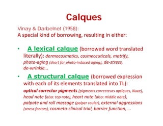 Calques
Vinay & Darbelnet (1958):
A special kind of borrowing, resulting in either:
• A lexical calque (borrowed word translated 
literally): d ti ti l ttifliterally): dermocosmetics, cosmeceuticals, mattify, 
photo‐aging (short for photo‐induced aging), de‐stress, 
de‐wrinkle...
• A structural calque (borrowed expression 
with each of its elements translated into TL): 
optical corrector pigments (pigments correcteurs optiques, Nuxe), 
head note (also: top note), heart note (also: middle note), 
palpate and roll massage (palper rouler) external aggressionspalpate and roll massage (palper rouler), external aggressions 
(stress factors), cosmeto‐clinical trial, barrier function, ...
 