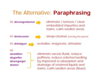 The Alternative: ParaphrasingThe Alternative: Paraphrasing
FR: décongestionner eliminate / remove / clear
embedded impurities and
toxins, calm swollen areas
FR: désincruster deep-cleanse (unclog the pores)
FR: défatiguer revitalize invigorate stimulateFR: défatiguer revitalize, invigorate, stimulate
FR:
dé i filt li i t fl id ddésinfiltrer eliminate excess fluids, reduce
dégonfler puffiness, reduce edema/swelling
désengorger by improved re-absorption and
drainer drainage of retained liquids and
toxins, calm swollen areas (Nuxe)
 