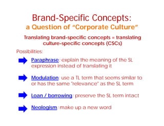 Brand-Specific Concepts:
Translating brand-specific concepts = translating
a Question of “Corporate Culture”
a s a g b a d spec c co cep s a s a g
culture-specific concepts (CSCs)
Possibilities:
Paraphrase: explain the meaning of the SL
expression instead of translating it
Modulation: use a TL term that seems similar to
or has the same "relevance" as the SL term
Loan / borrowing: preserve the SL term intact
Neologism: make up a new word
 