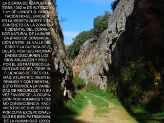 LA SIERRA DE ATAPUERCA
TIENE 1082 m DE ALTITUD Y
7 km DE LONGITUD. ORIENTACIÓN NO-SE, UBICADA
EN LA MESETA NORTE Y EN
CONC...